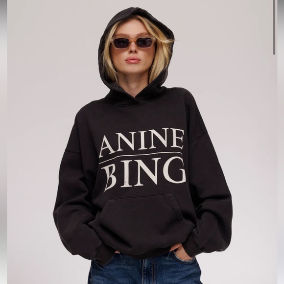 Anine Bing Tops - NWT Anine Bing $220 Faded Black/Grey Logo Hoodie XXS (VERY oversized) 23” PTP